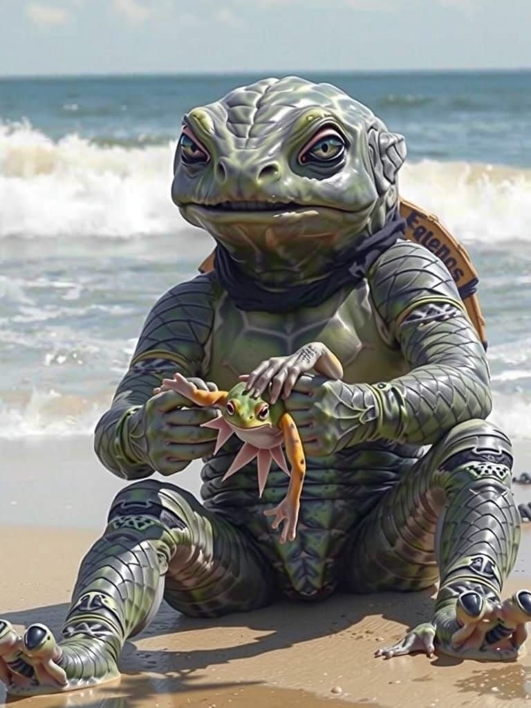 Alien Turtle Embodies Serene Wisdom on Sandy Beach