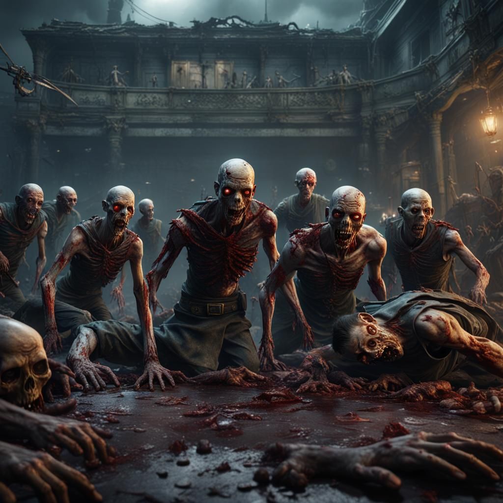 Zombies standing over a body on the ground