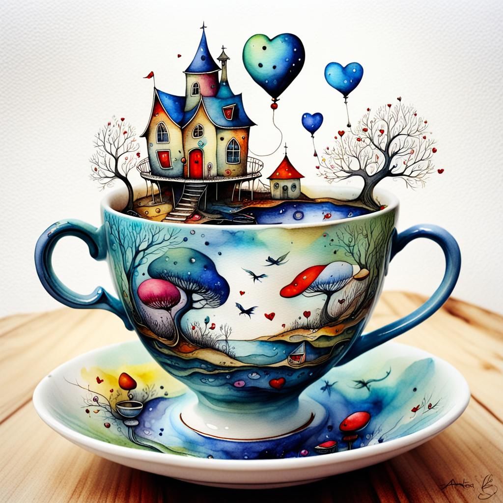Fairy Realm in Teacup: Watercolor and Ink Portrait