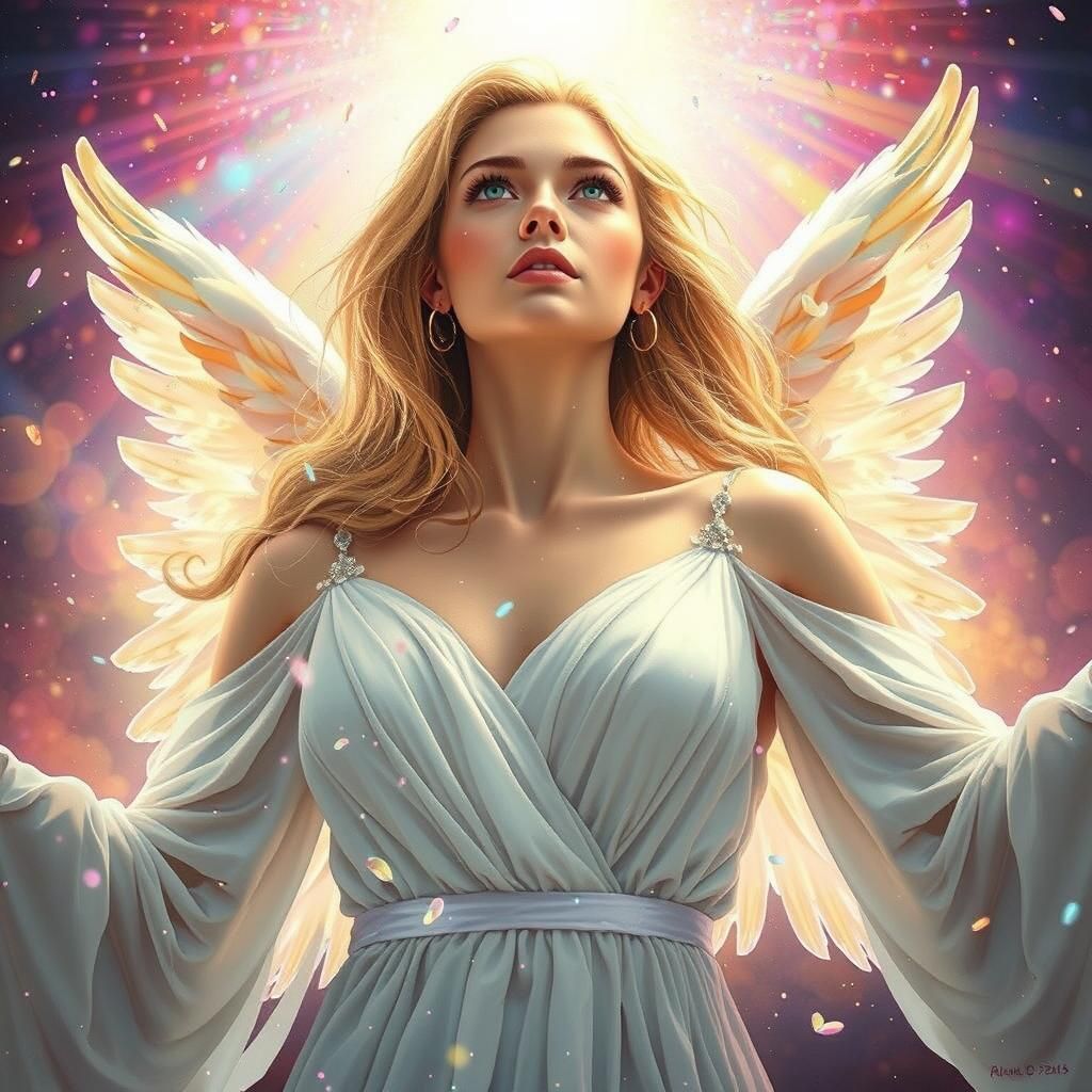 Angel with Iridescent Wings and Golden Lion in a Vibrant Mag...