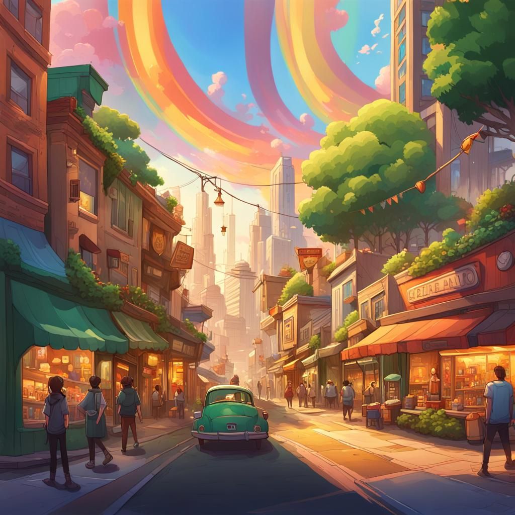 Cartoon Cityscape with Cute Characters in Comic Style