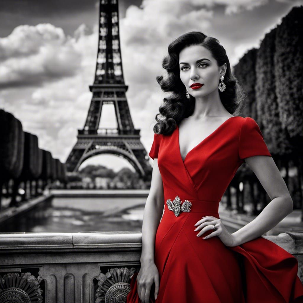 Elegant Lady in Red Dress, Paris 1940s