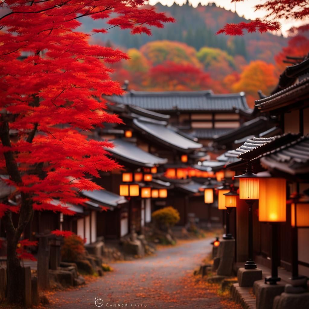 Idyllic Japanese Village in Autumn Dawn