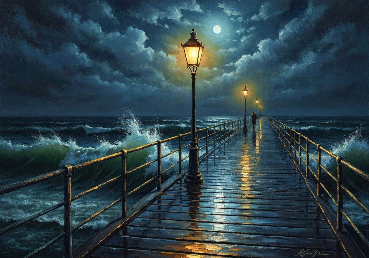 Rainy Night Pier in Oil Painting Style