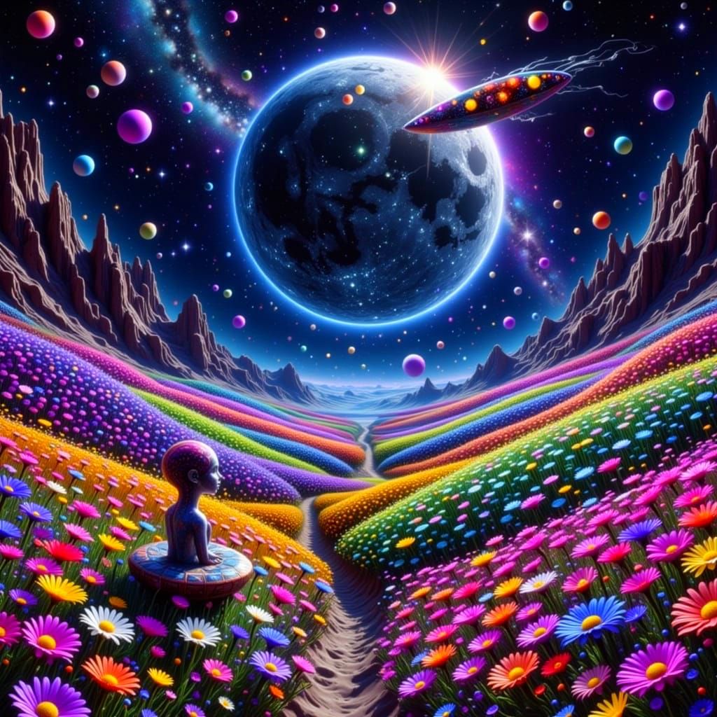 Ethereal Cosmic Moon Illuminates Alien Bloom
