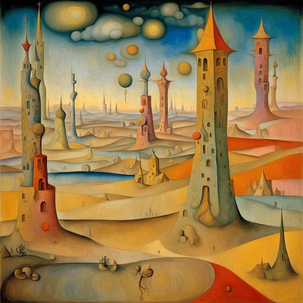 Dreamy Spire City Inspired by Surrealist Masters