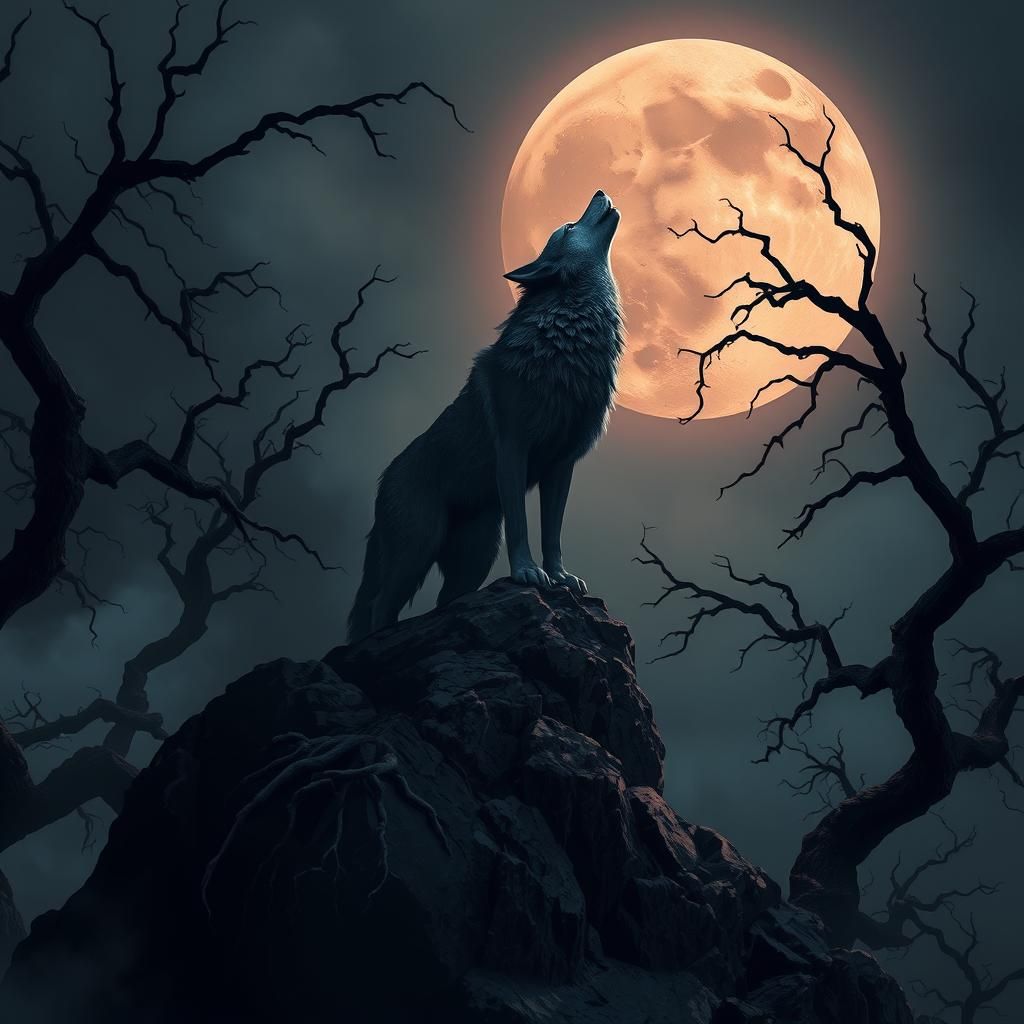 Wolf Howling at Moon in Matte Painting Style