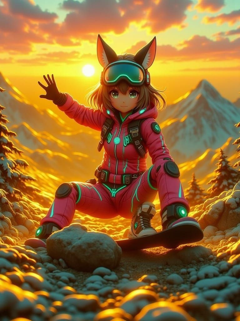 Anime Female Kitsune in snow suit snowboarding down a Mountainside with sunset in the background. Pink, blue, and green....