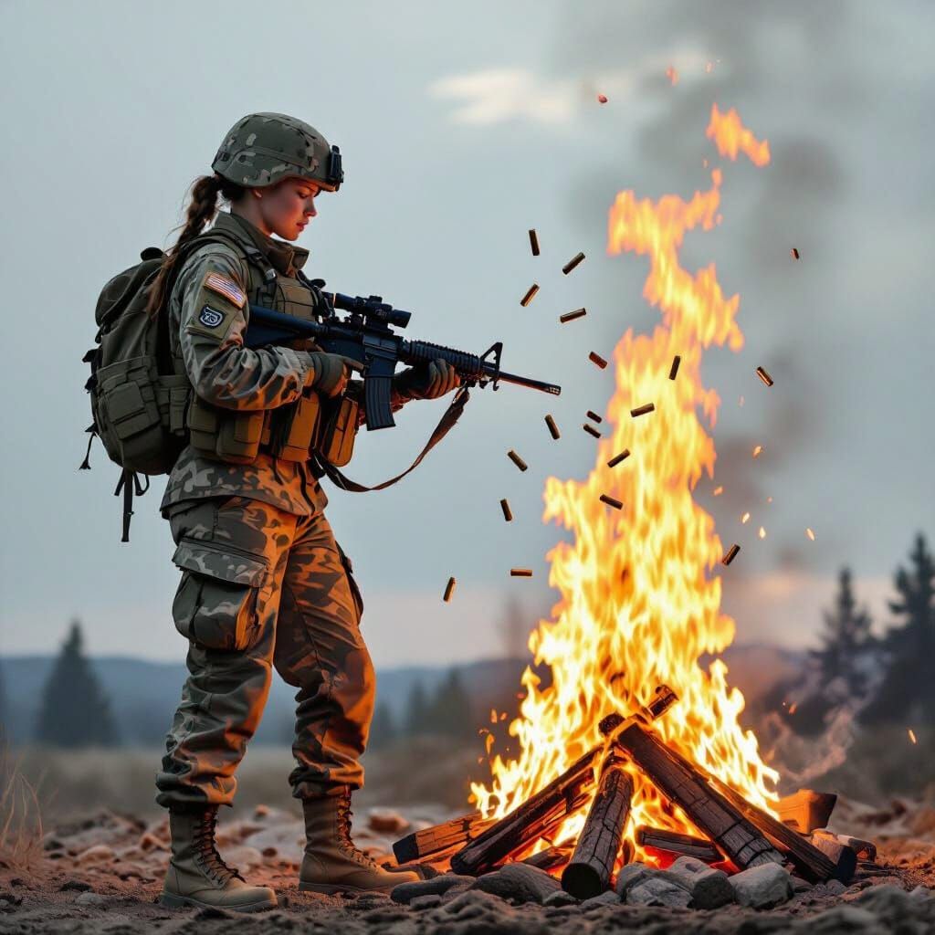 Girl in Military Uniform by Bonfire