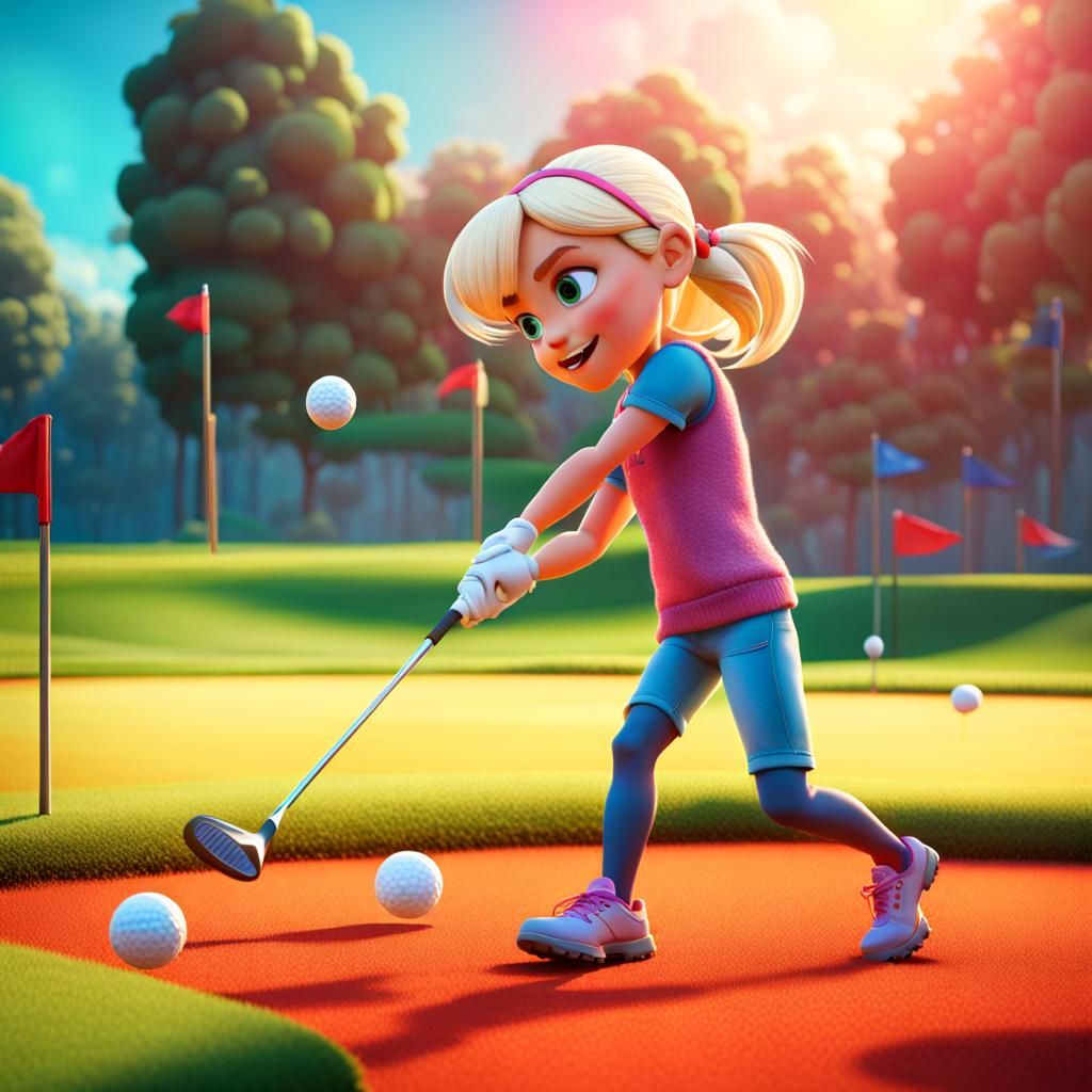 Blonde Girl Hitting Golf Ball: Vibrant 3D Digital Art