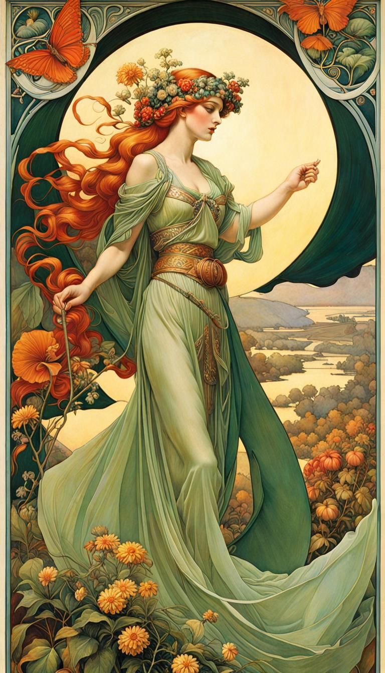 Art Nouveau Goddess with Winter Wolf