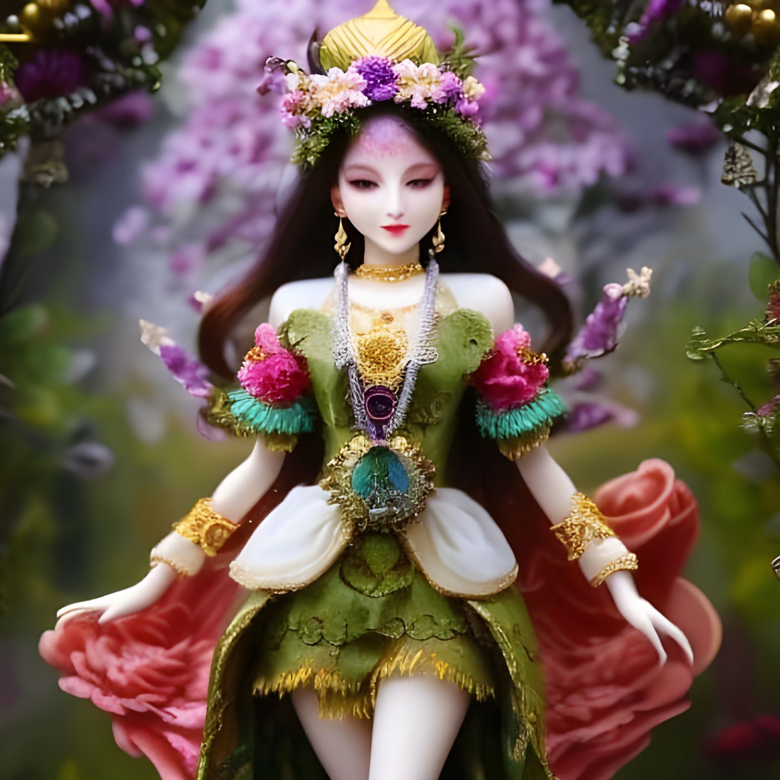 Cute Doll in Surreal Flowers: Digital Painting