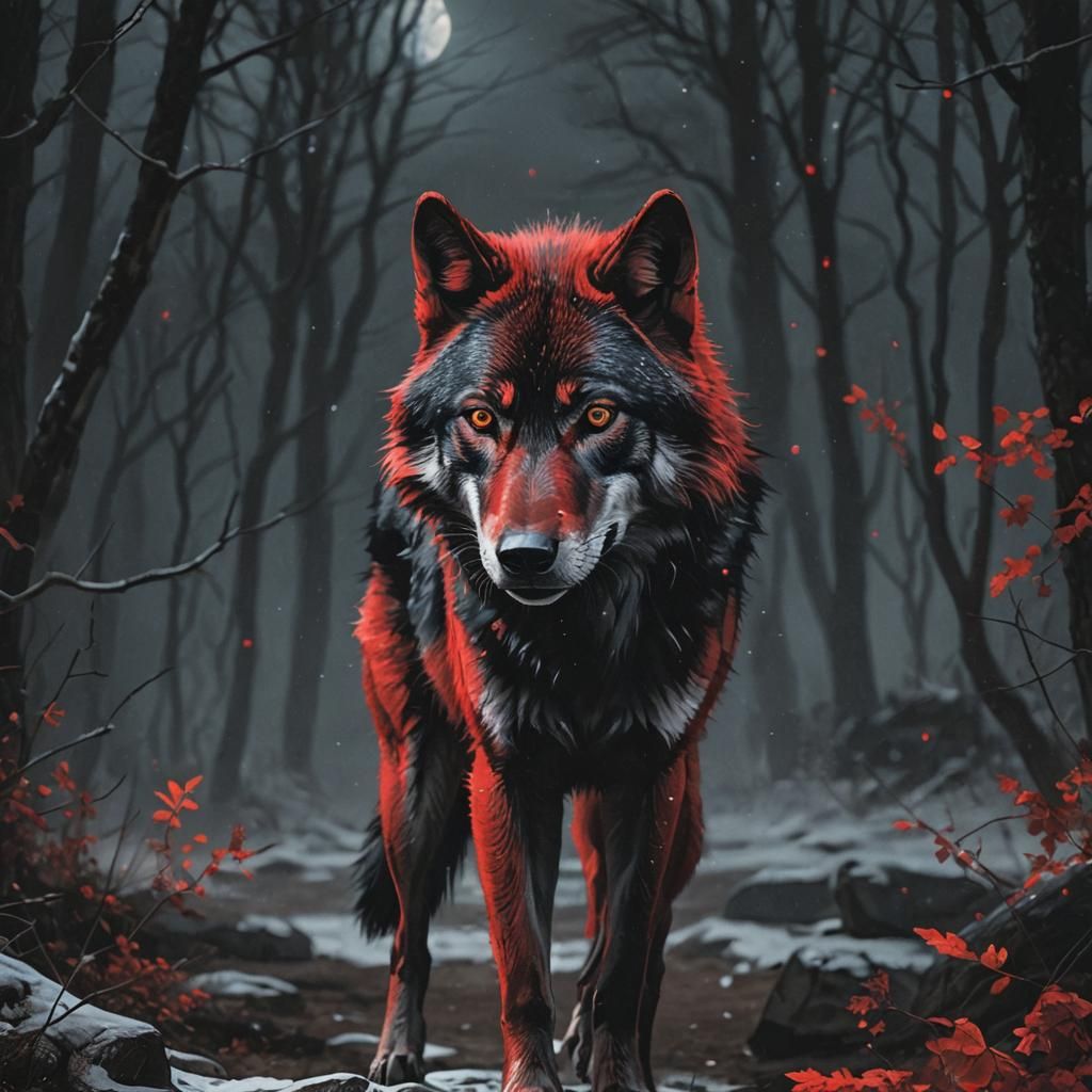 Red and Black Wolf in the Night