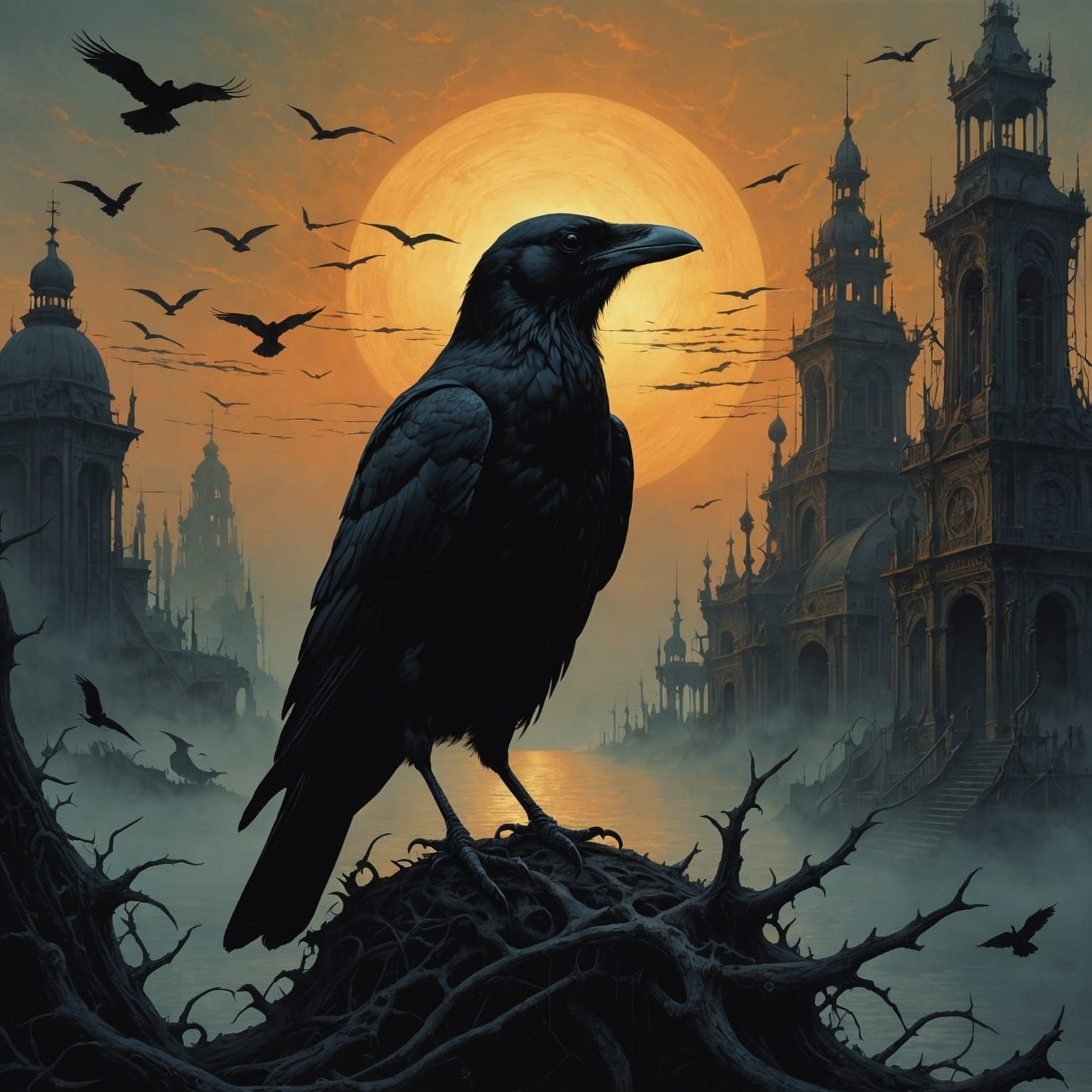 Crow Silhouette in Surreal Victorian Style