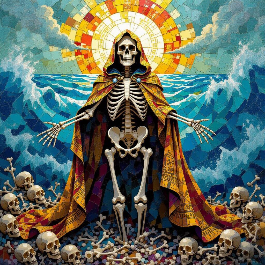 Death Skeleton in Ceramic Mosaic Amidst Sea of Bones