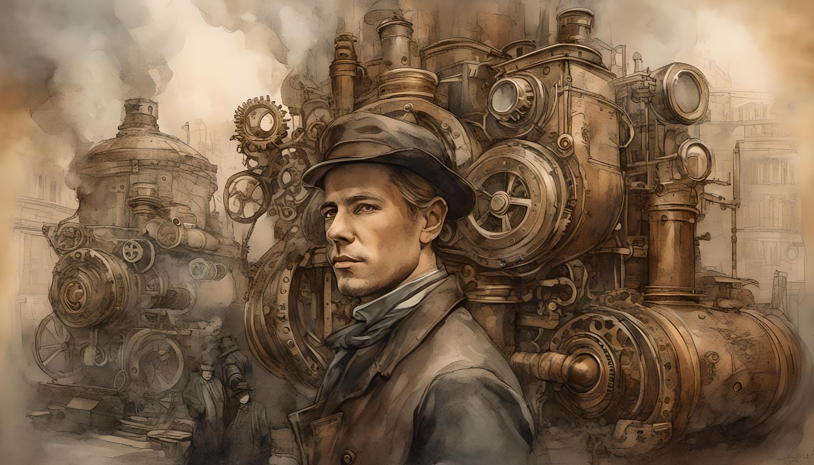 Steampunk City Portrait in Watercolor Style