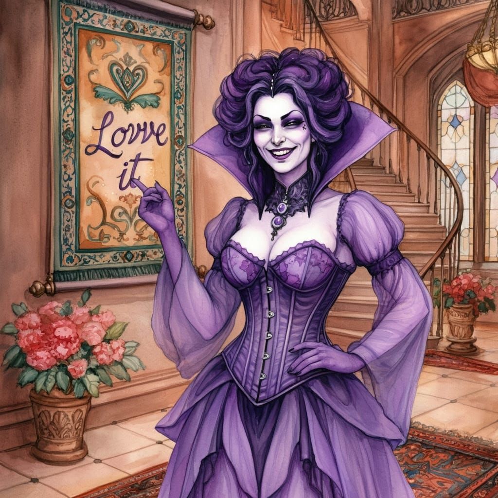Gothic Purple Sorceress Smiles in Opulent Room