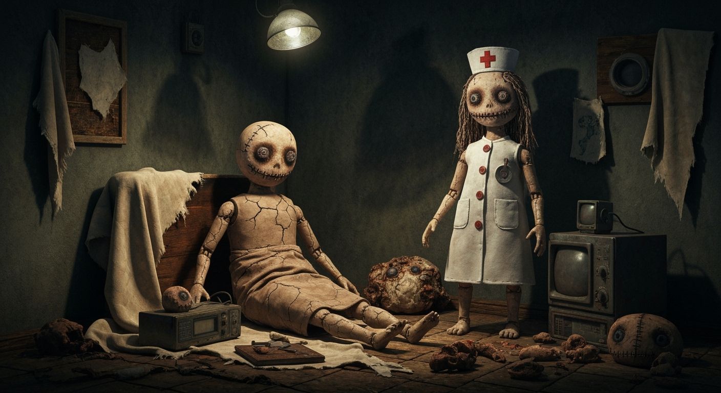 Eerie Dolls in Dark Psychiatric Room, Outsider Art Style