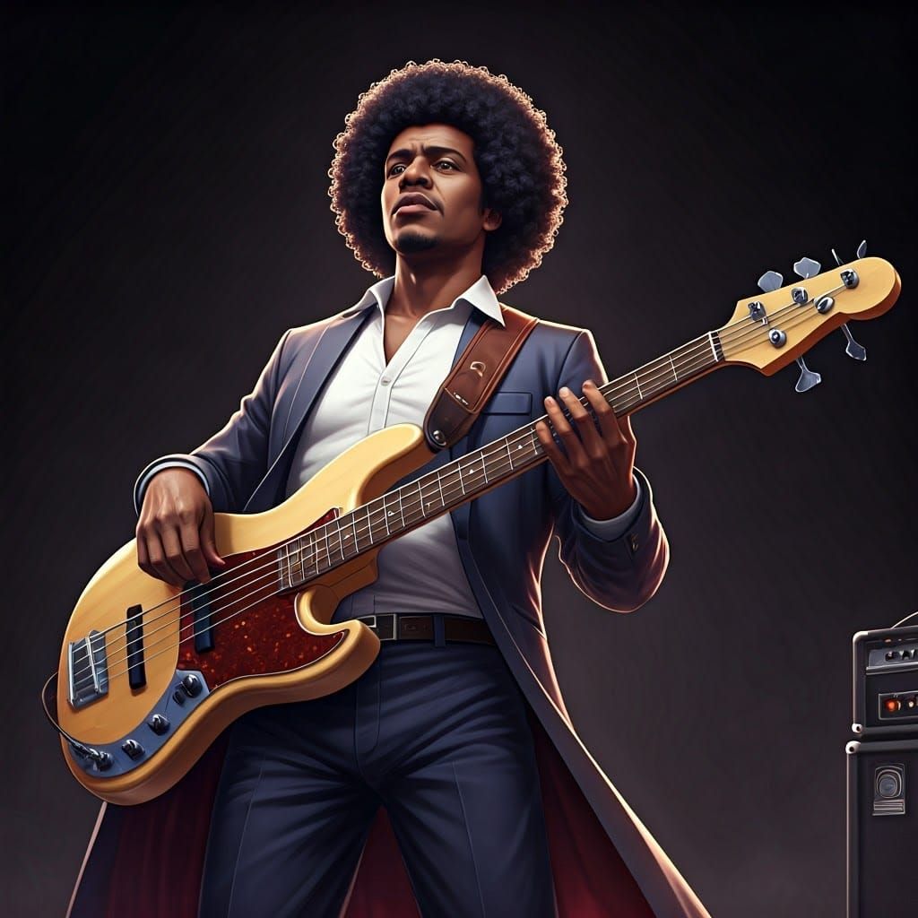Afro American Bassist in 80s Heaven 17 Style Anime Art