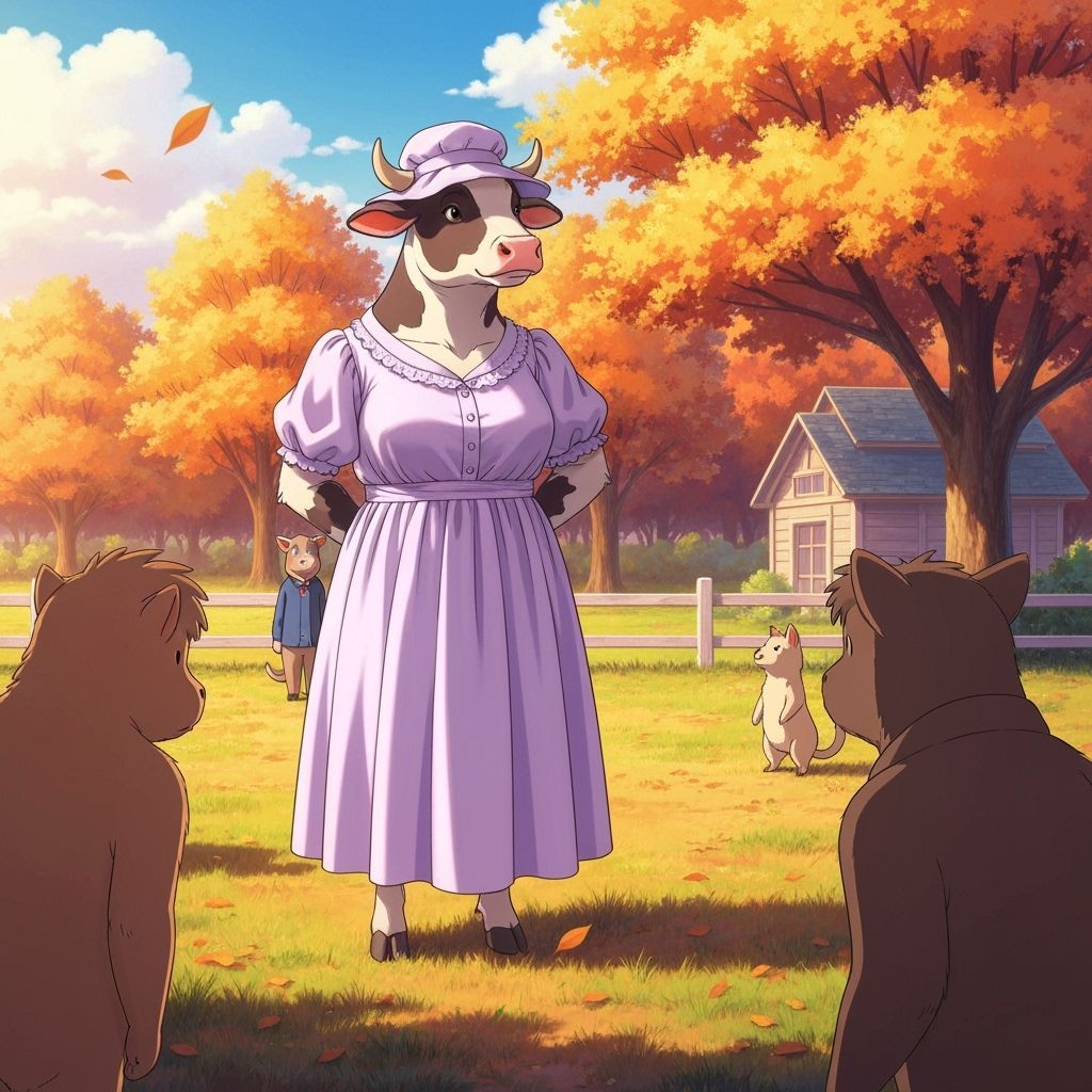 Anthropomorphic Cow in Gown on Autumnal Farm