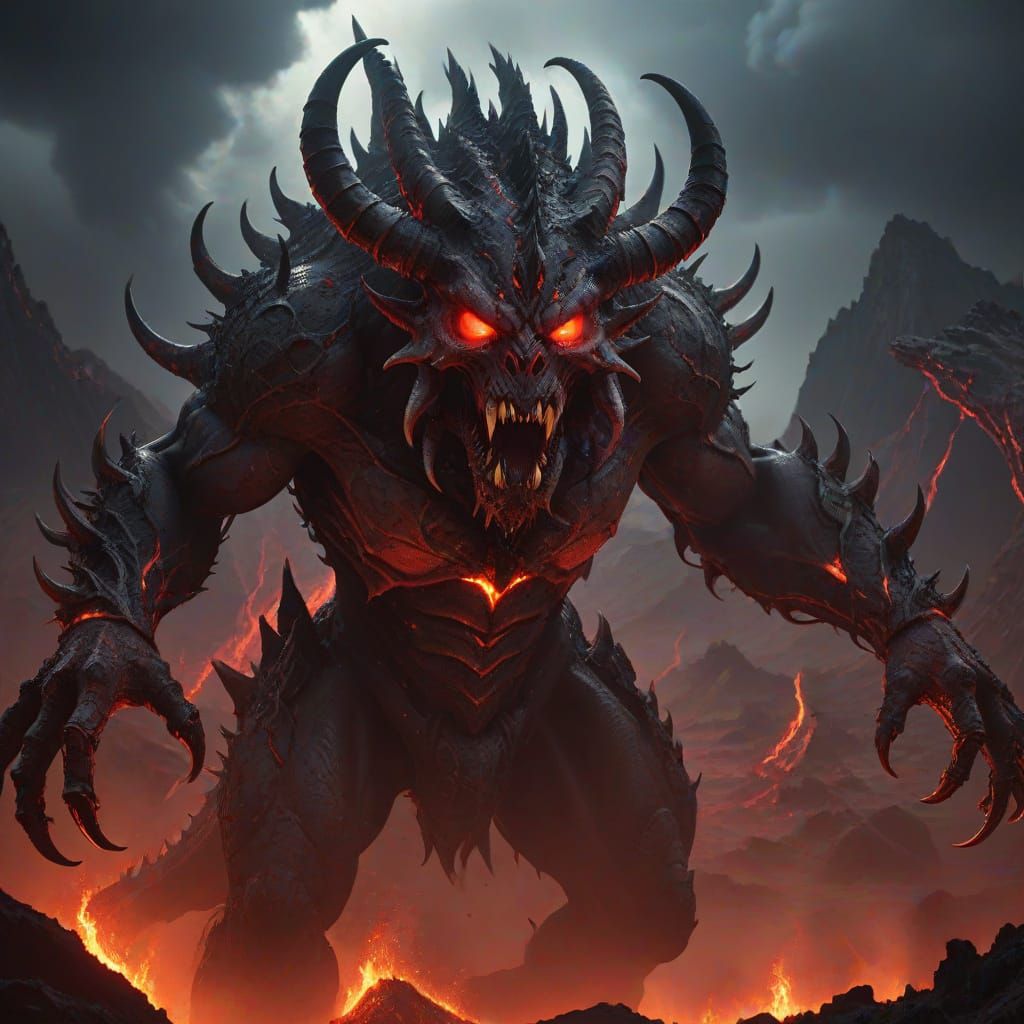 Demonic Beast in Volcanic Wasteland: Dark Fantasy Horror