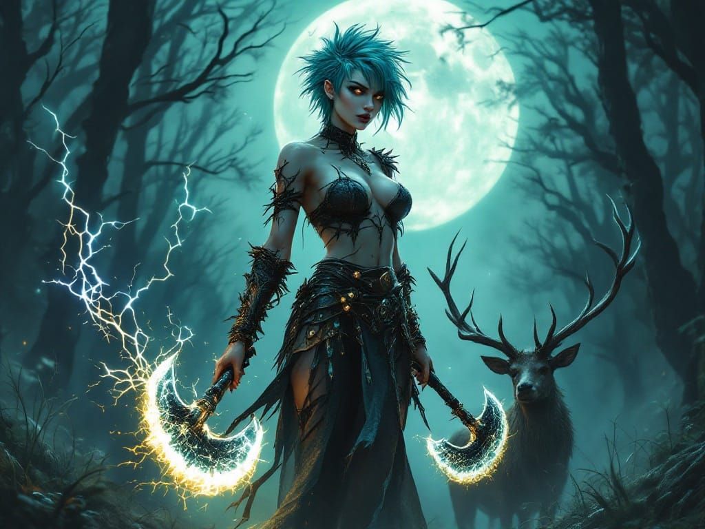 Gothic Female Warrior Under Full Moon in Forest Clearing