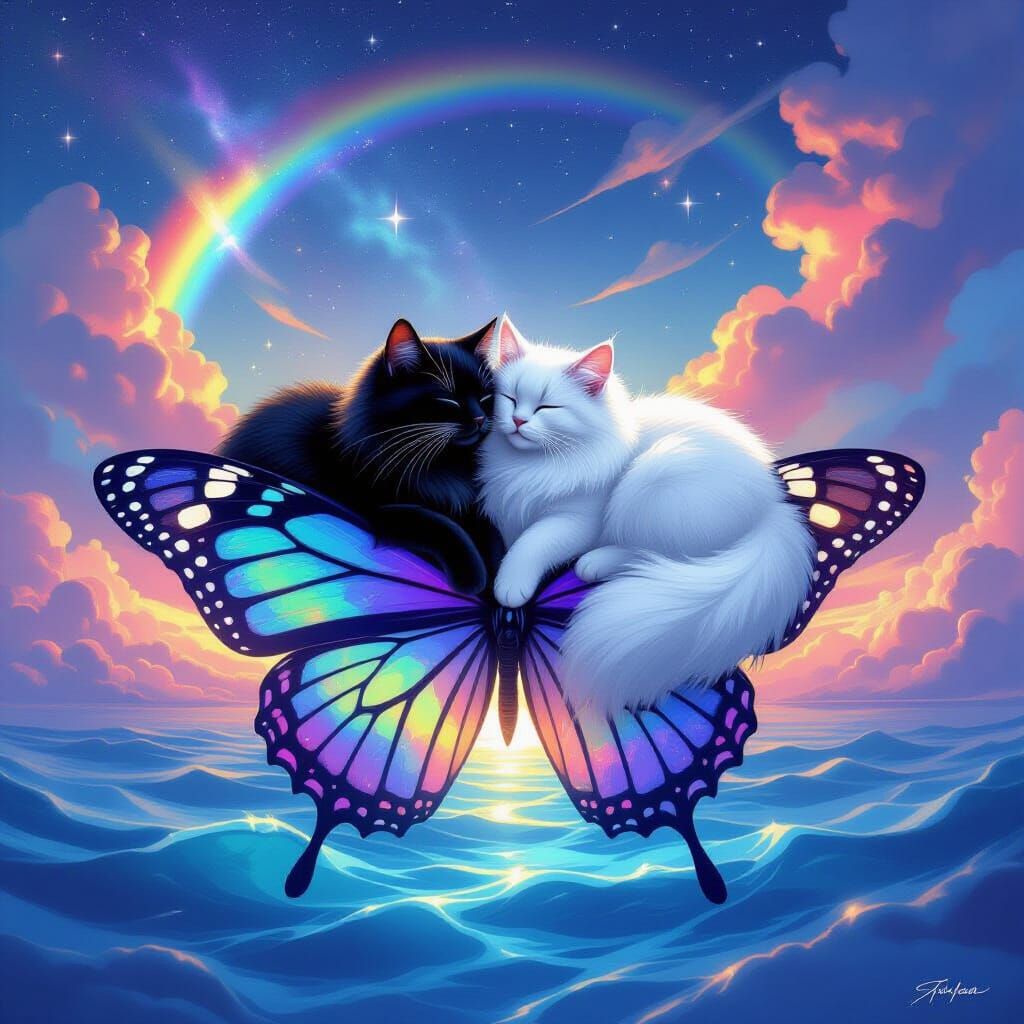Cats Cuddle on Butterfly in Space-Ocean Blend