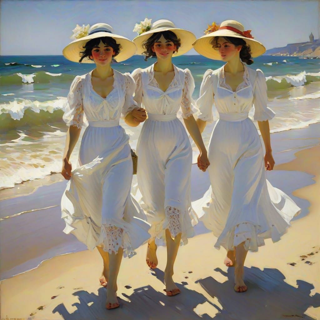 Two Women in Ethereal White Lace, Seaside Escape in Impressi...