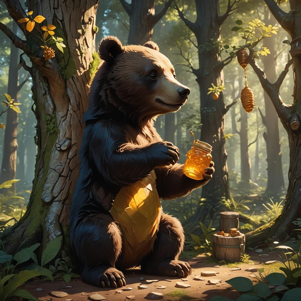 Baby Bear Cub Eating Honey in Forest, Fantasy Art