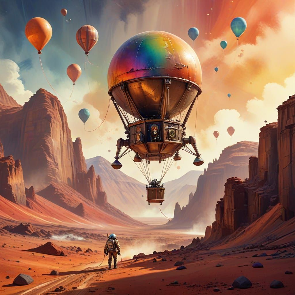 Steampunk Lunar Lander Ascends in Watercolor Painting