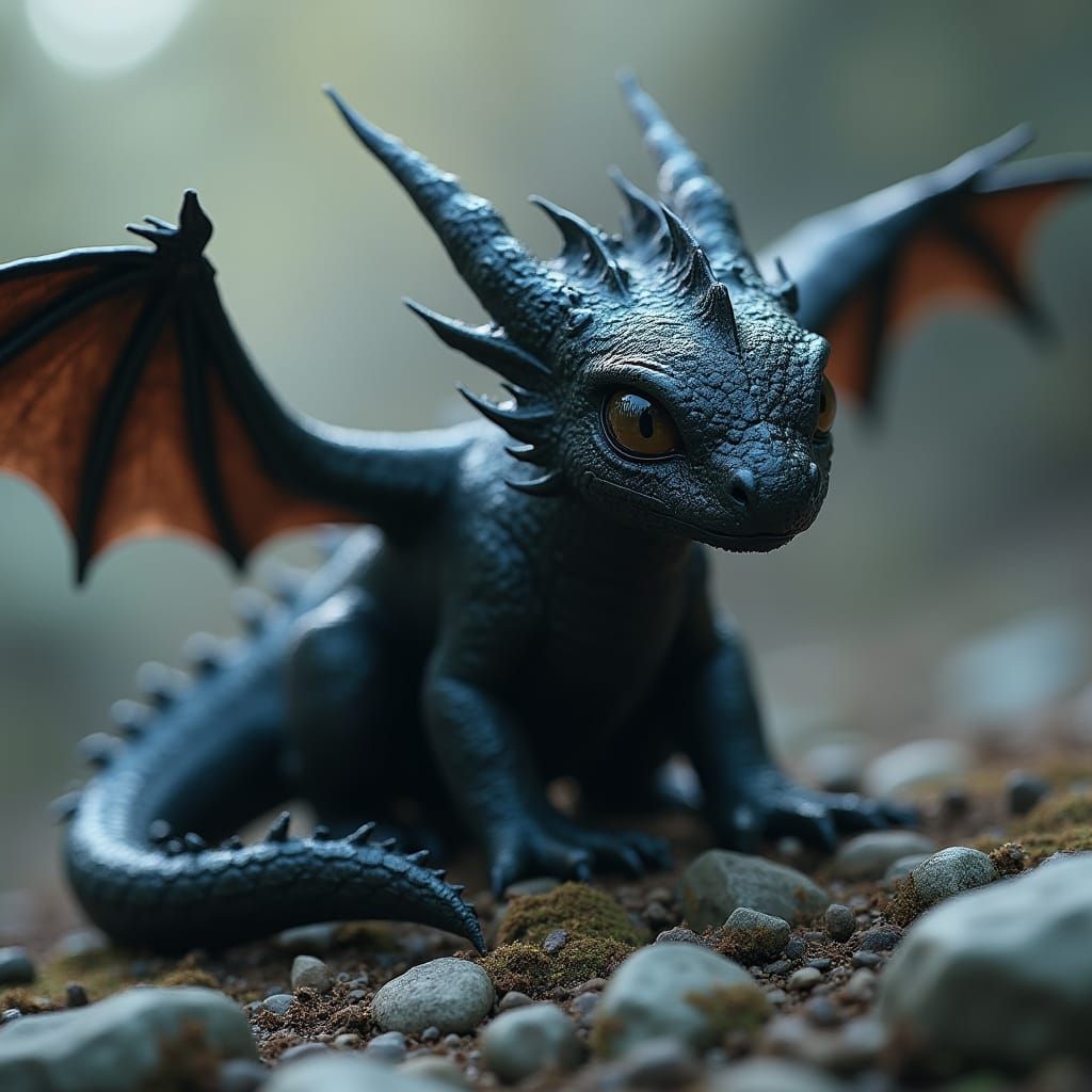 Photorealistic Small Black Dragon on Rocks