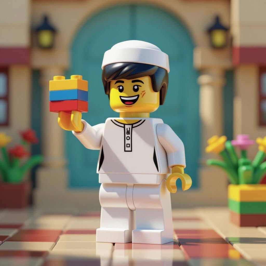 Young Muslim Boy Lego Minifigure in Stylized Scene