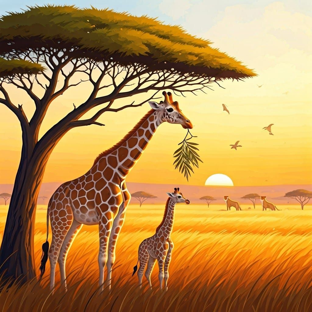 Savannah Family Giraffes in Sunset Golden Light