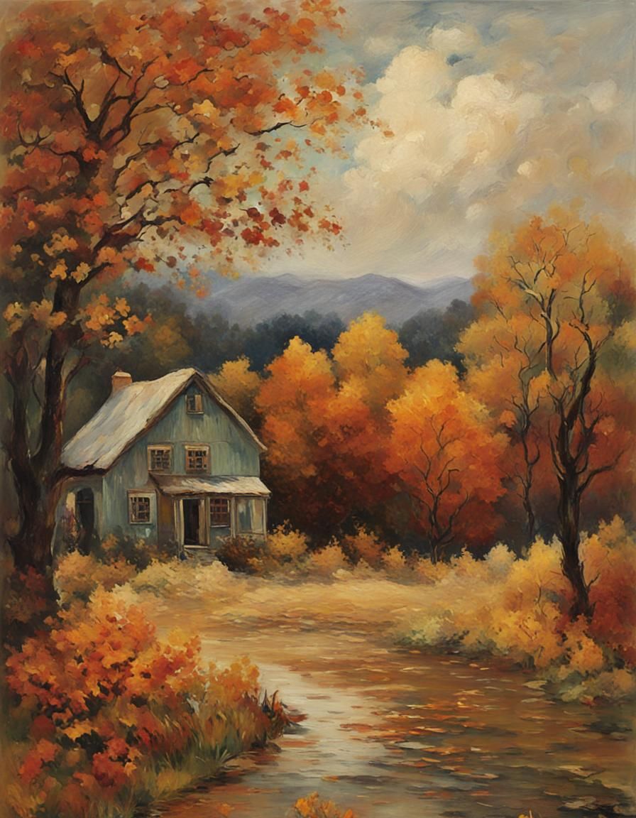 Surreal Autumn Landscape in Impressionist Oil Painting Style
