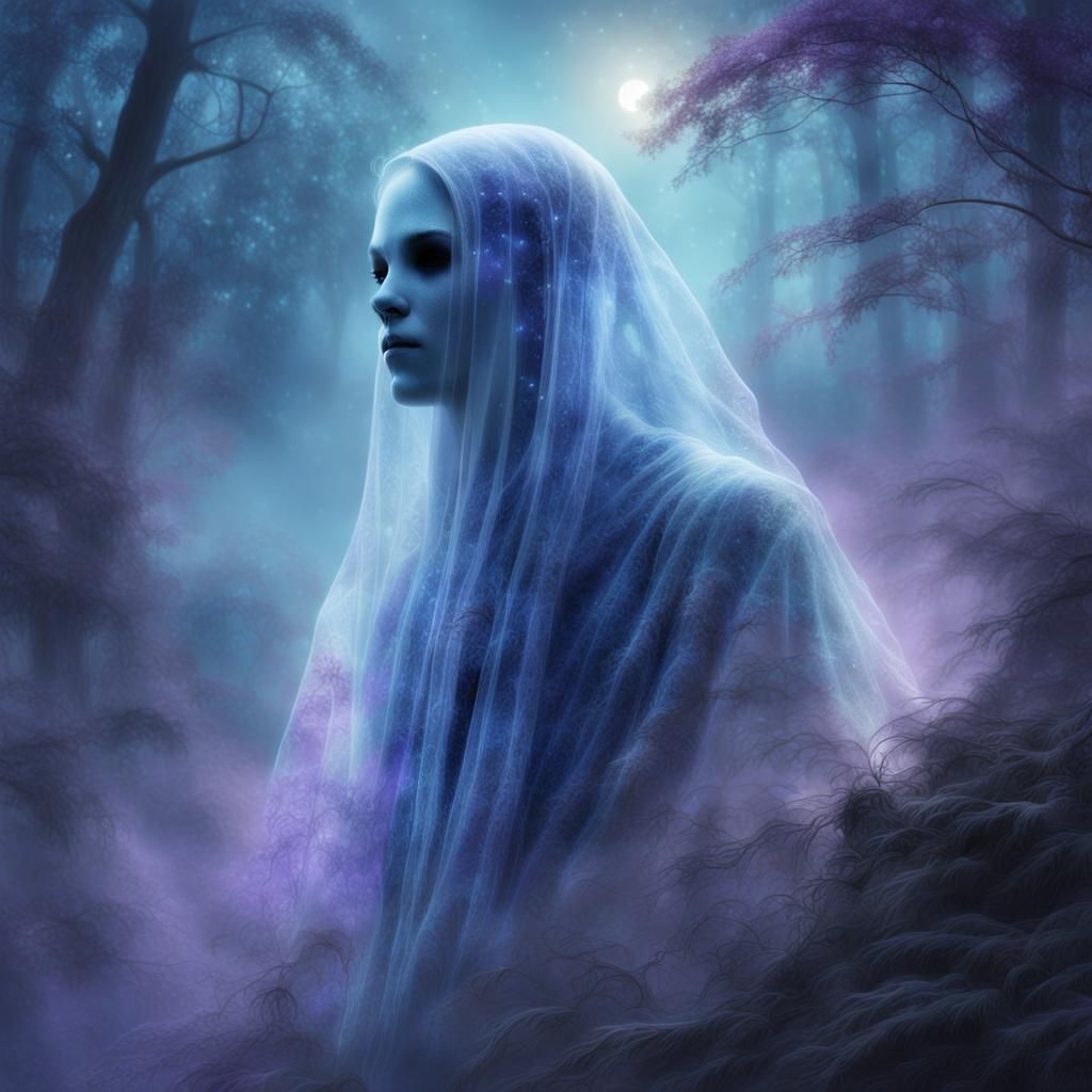 Ethereal Ghost Portrait in Moonlight, Kinkade Style