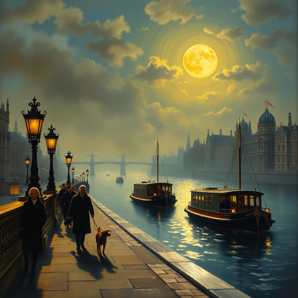 Victorian London at Night in Neo-Impressionistic Style