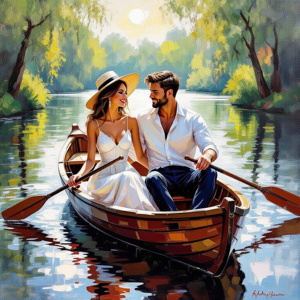 Romantic Couple in Rowboat on Serene Lake Impasto Painting
