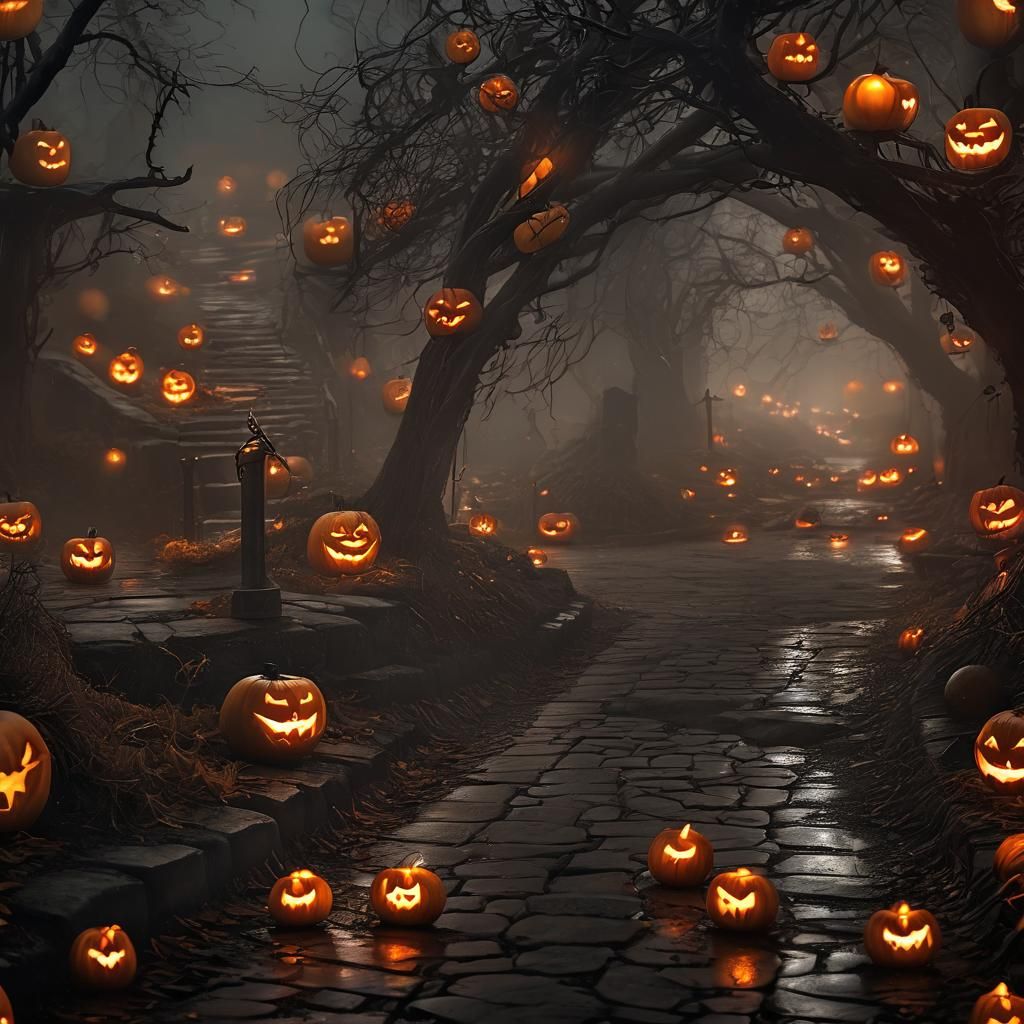 Misty Path Lit by Glowing Jack-o-Lanterns