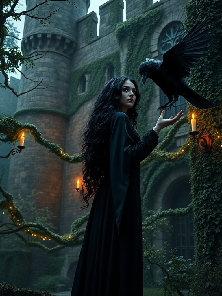 Gothic Woman with Raven in Medieval Castle