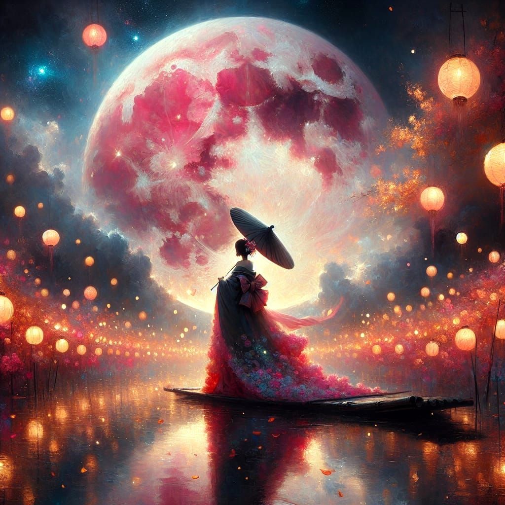 Geisha's Lantern Festival Under Pink Moon: Romantic Era Art
