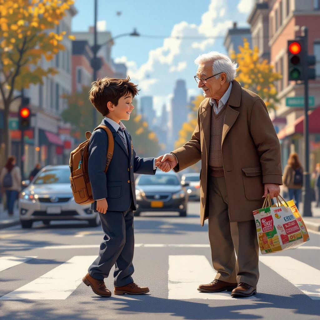 Boy Helping Elderly Couple in Vibrant City Street