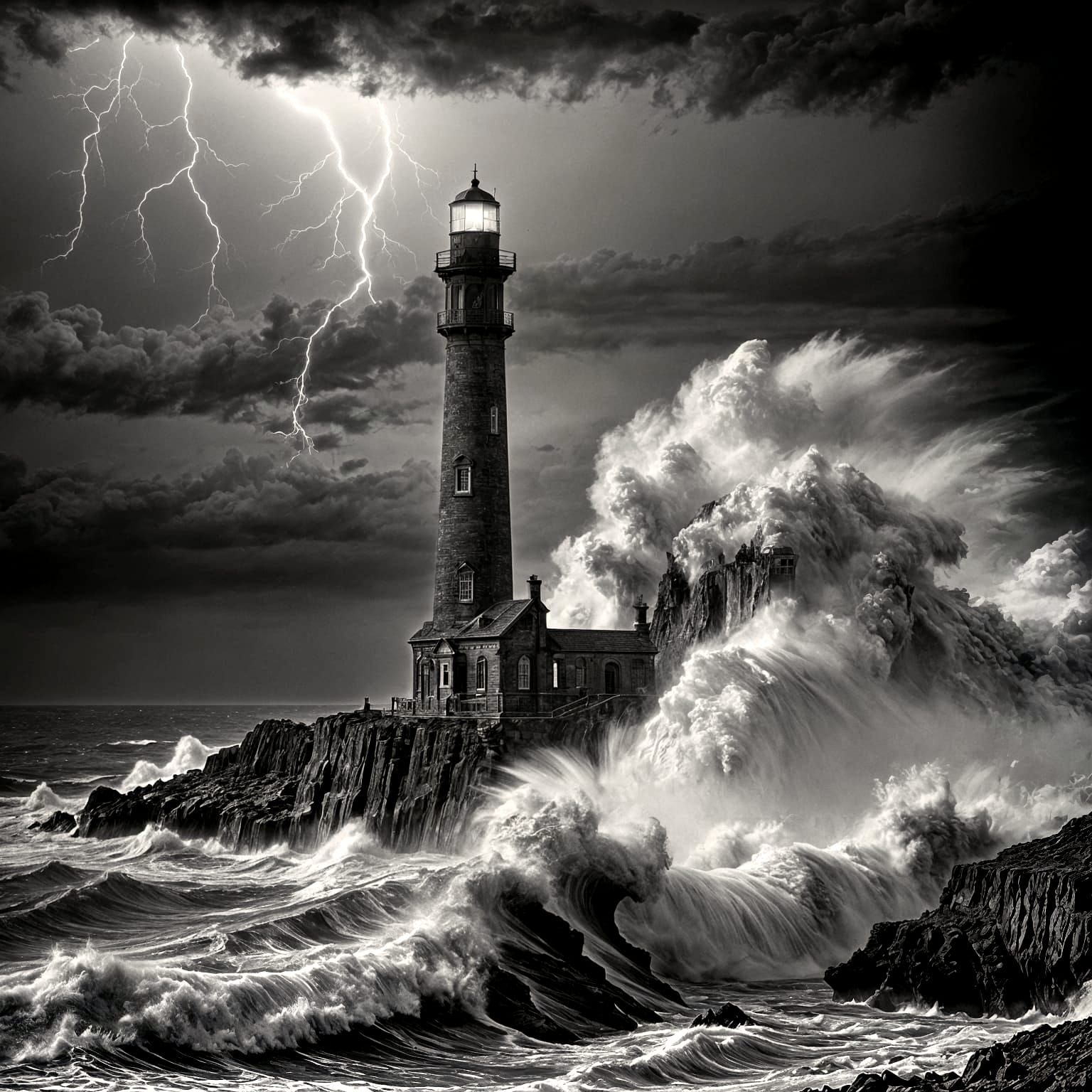 Victorian Lighthouse During Hurricane at Night