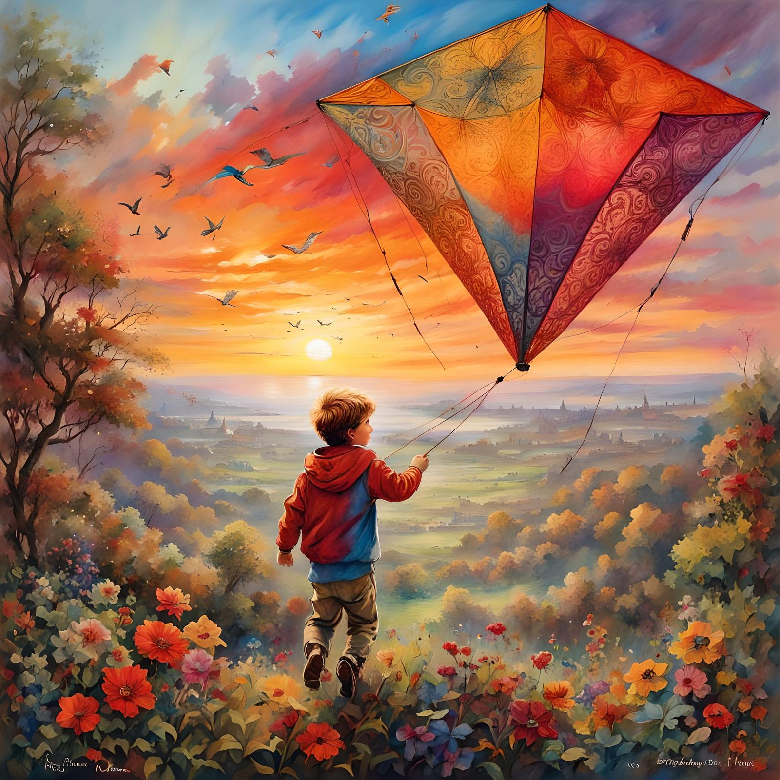 Boy Flies Multicolored Kite at Sunrise, Watercolor and Ink