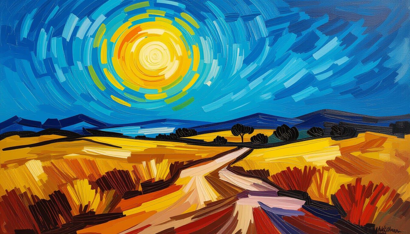 Desolate Landscape Under Bright Sun in Impasto Style