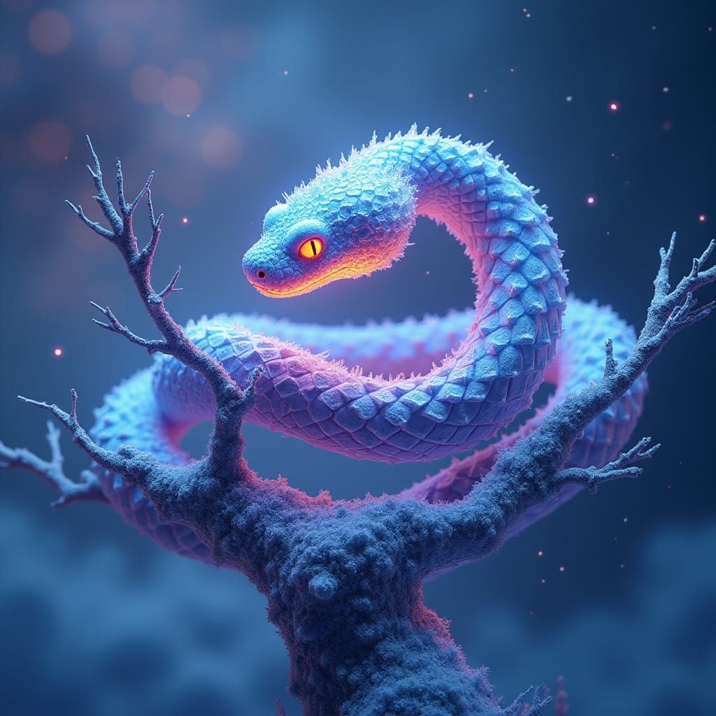 Iridescent Snow Snake on Crystalline Branch