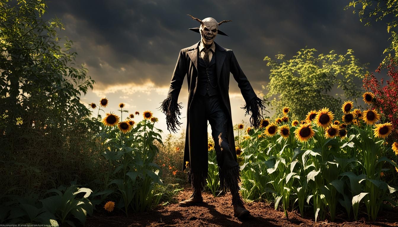Lucifer-Like Scarecrow in Garden with Dynamic Lighting
