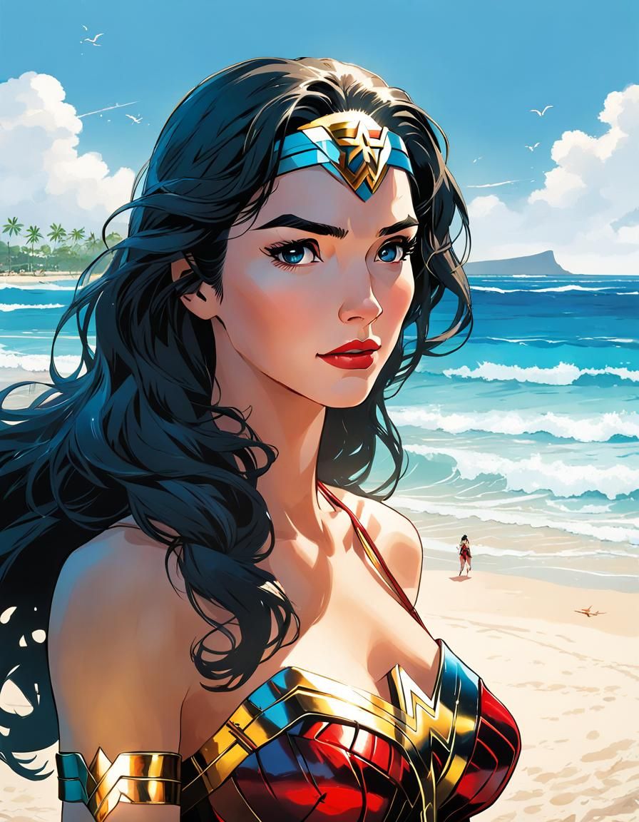 Wonder Woman Portrait on Waikiki Beach in Anime Style