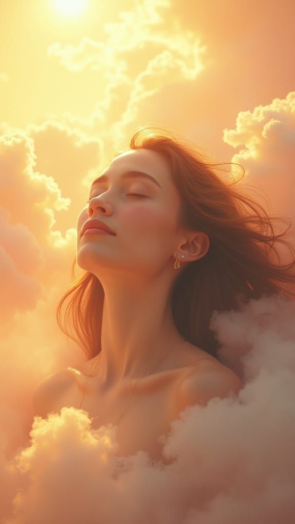 Dreamy Ethereal Landscape with Serene Woman in Heavenly Suns...