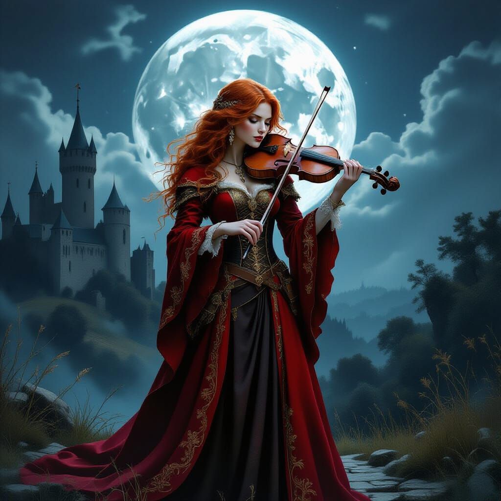 Scarlet Rogue Minstrel Under Silver Moon