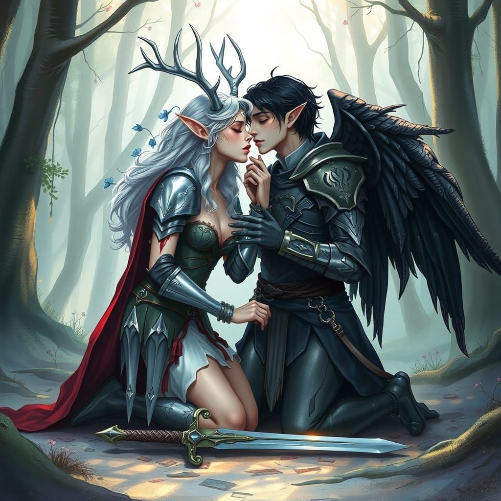 Defeated Elf Knight Comforted by Fallen Angel Guardian